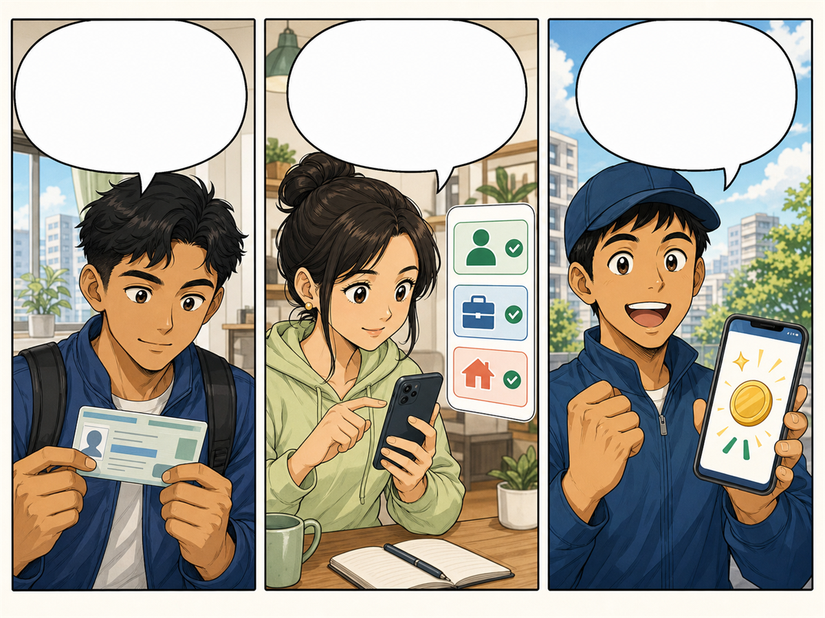 在留資格を確認し、安全な方法を選び、ガイドを見ながら始める3コマ漫画